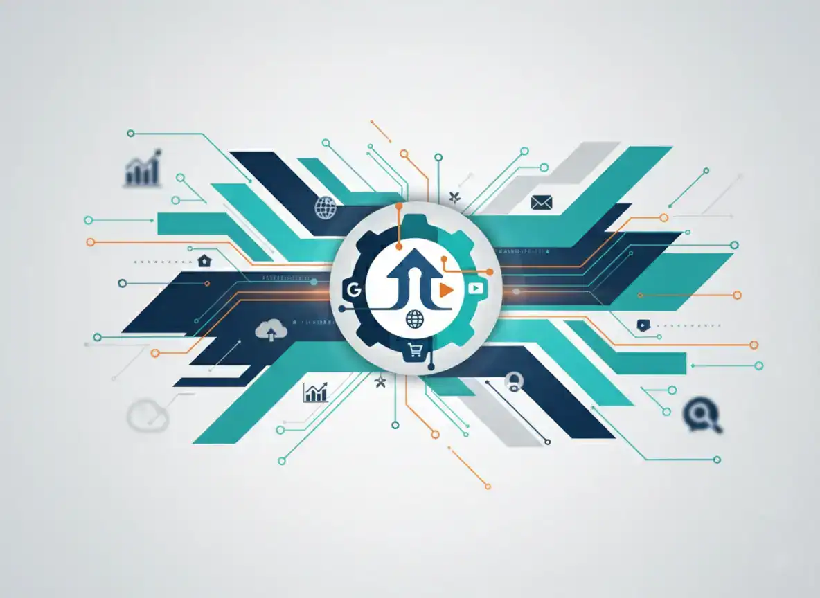 Dijitalyum logosu ve karmaşık dijital pazarlama simgeleri ile yenilikçi dijital çözümler temsil eder.